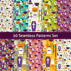 Ten Seamless Halloween Party Patterns Set. Flat Style Vector Seamless Texture Backgrounds. Collection of Halloween Holiday Templates. Trick or Treat