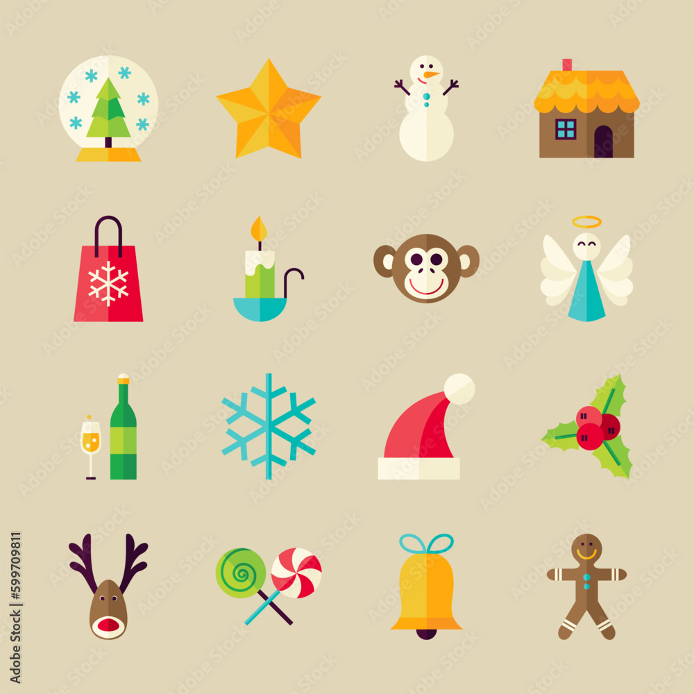 Poster christmas and happy new year objects set. flat style vector illustration. winter holiday. collection