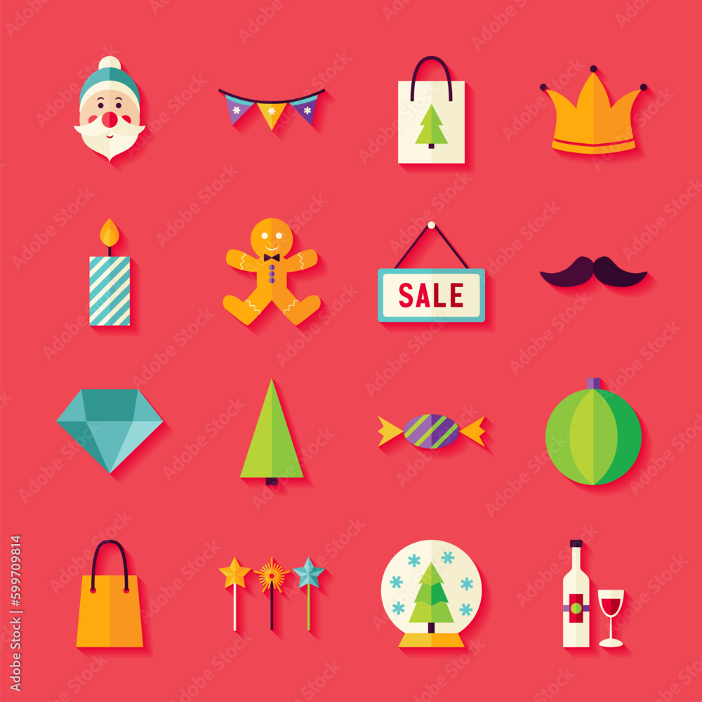 Poster happy new year objects set with shadow. flat style vector illustration. winter merry christmas holid