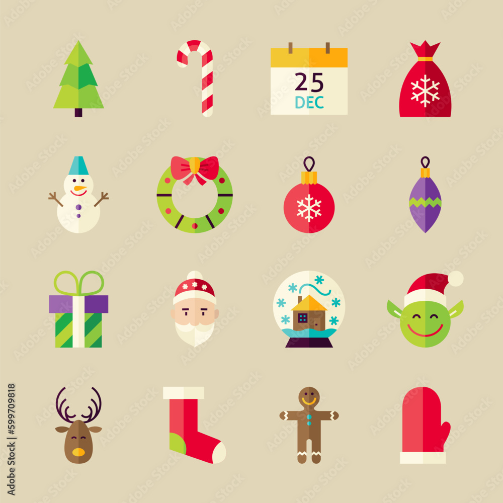 Poster merry christmas objects set. flat style vector illustration. winter holiday. collection of happy new