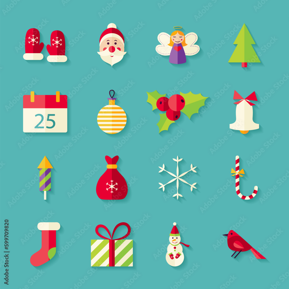 Poster merry christmas objects set with shadow. flat style vector illustration. winter happy new year holid