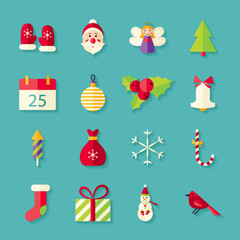 Fototapeta na wymiar Merry Christmas Objects Set with Shadow. Flat Style Vector Illustration. Winter Happy New Year Holiday. Collection of Objects over Blue Background
