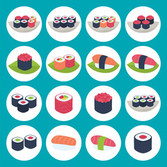 Flat style vector circular icon set. Sushi circular icon set over blue