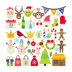 Big Collection of Merry Christmas Objects. Flat Design Vector Illustration. Set of Winter Holiday Happy New Year Colorful Items.