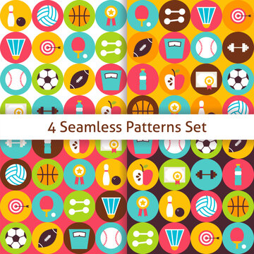 Four Sport Recreation and Fitness Seamless Patterns Set with Circles. Dieting and Activities Flat Design Vector Illustration. Background. Set of Team Games First place and Sport Items