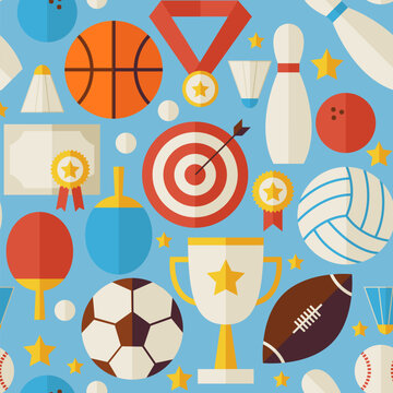 Sport Competition Recreation Blue Seamless Pattern. Sports and Activities Flat Design Vector Illustration. Background. Set of Team Games First place and Sport Items