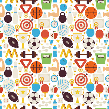 Sport Competition Fitness Vector Seamless Pattern. Sports and Activities Flat Design Vector Illustration. Background. Set of Team Games First place and Sport Items
