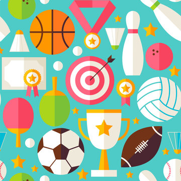 Sport Competition Blue Seamless Pattern. Sports and Activities Flat Design Vector Illustration. Background. Set of Team Games First place and Sport Items