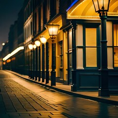 street at night with old houses and illuminated with low poles