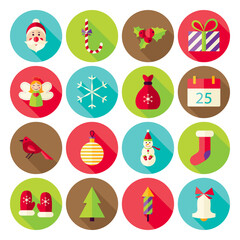 New Year Merry Christmas Icons Set with long Shadow. Flat Design Vector Illustration. Winter Holiday. Collection of Circle Icons