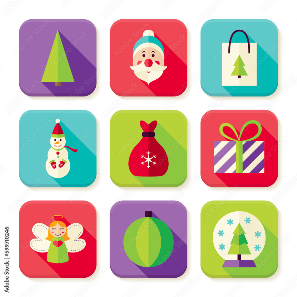 Poster Happy New Year Merry Christmas Square App Icons Set. Flat Design Vector Illustration. Winter Colorful Objects. Icons for Website and Mobile Application.