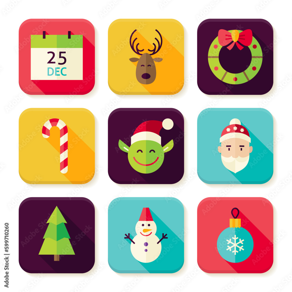Poster Merry Christmas New Year Square App Icons Set. Flat Design Vector Illustration. Winter Colorful Objects. Icons for Website and Mobile Application.