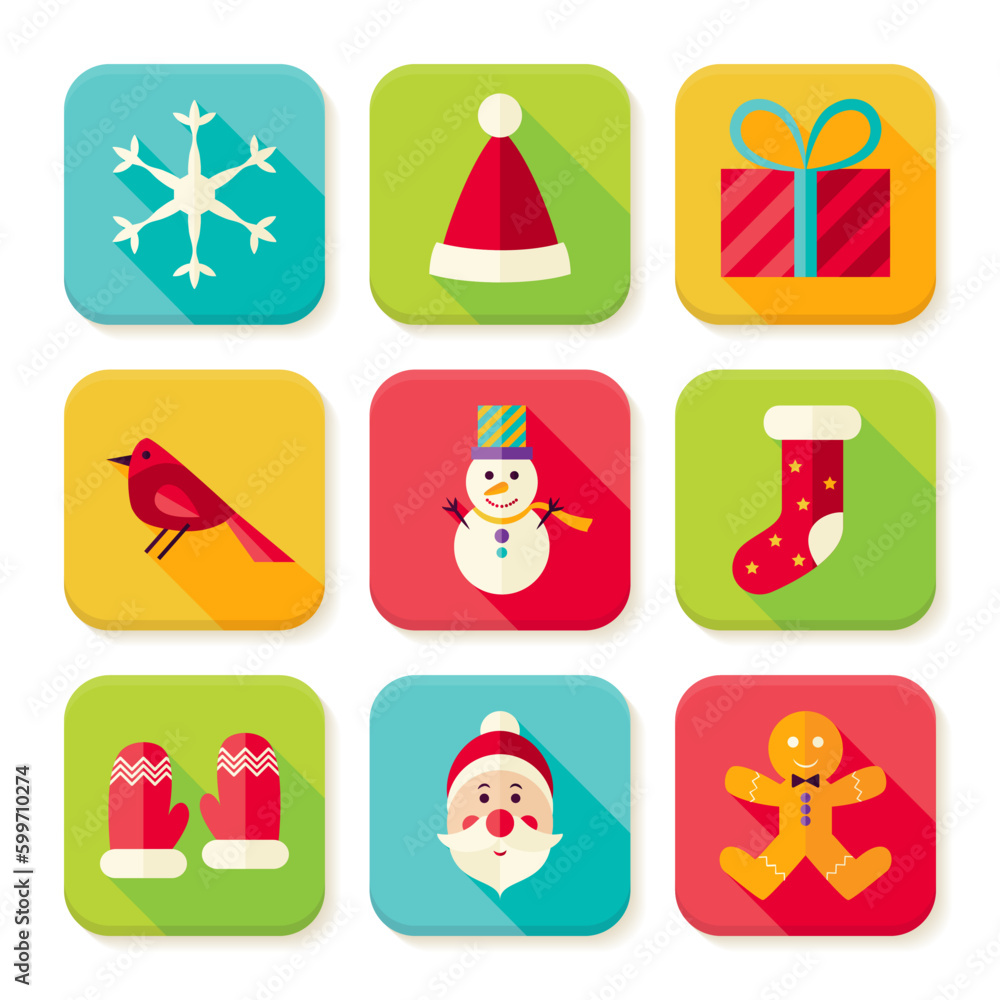 Poster New Year and Merry Christmas Square App Icons Set. Flat Design Vector Illustration. Winter Colorful Objects. Icons for Website and Mobile Application.