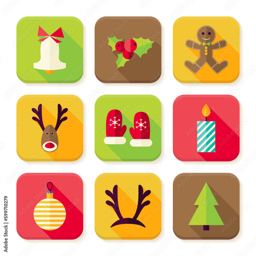 Poster new year merry christmas square app icons set. flat design vector illustration. winter colorful obje