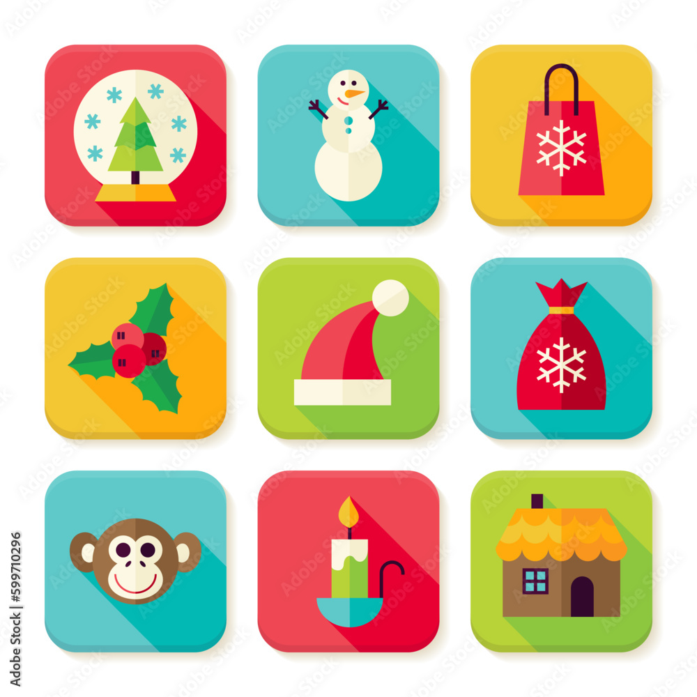 Poster Winter Christmas New Year Square App Icons Set. Flat Design Vector Illustration. Winter Colorful Objects. Icons for Website and Mobile Application.