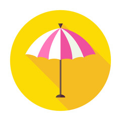 Flat Sun Summer Umbrella Circle Icon with Long Shadow. Summer Vacation Vector Illustration. Colorful Beach Resort Object.