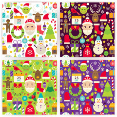 Obraz na płótnie Canvas Four Merry Christmas Patterns Set. Happy New Year Flat Design Vector Illustration. Tile Background. Set of Winter Holiday Items