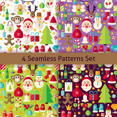 Happy New Year Four Seamless Patterns Set. Merry Christmas Flat Design Vector Illustration. Tile Background. Set of Winter Holiday Items.