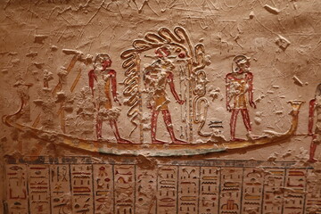 
Mural paintings in Ramses V and Ramses VI tomb (KV9) in valley of the kings in Luxor in Egypt
