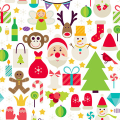Fototapeta na wymiar Happy New Year White Seamless Pattern. Merry Christmas Flat Design Vector Illustration. Tile Background. Set of Winter Holiday Items