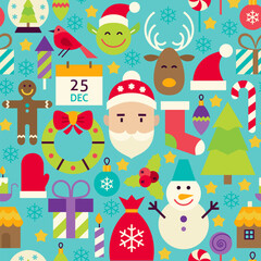 Merry Christmas Blue Seamless Pattern. Happy New Year Flat Design Vector Illustration. Tile Background. Set of Winter Holiday Items