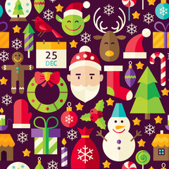 Fototapeta premium Merry Christmas Brown Seamless Pattern. Happy New Year Flat Design Vector Illustration. Background. Set of Winter Holiday Items