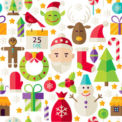 Obraz na płótnie Canvas Merry Christmas White Seamless Pattern. Happy New Year Flat Design Vector Illustration. Background. Set of Winter Holiday Items
