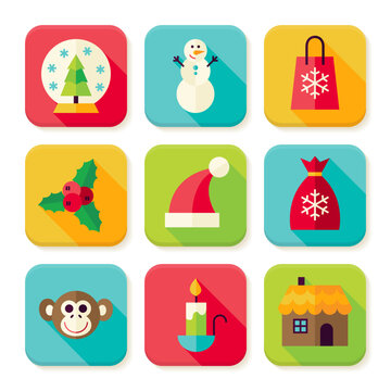 Winter Christmas New Year Square App Icons Set. Flat Design Vector Illustration. Winter Colorful Objects. Icons for Website and Mobile Application.