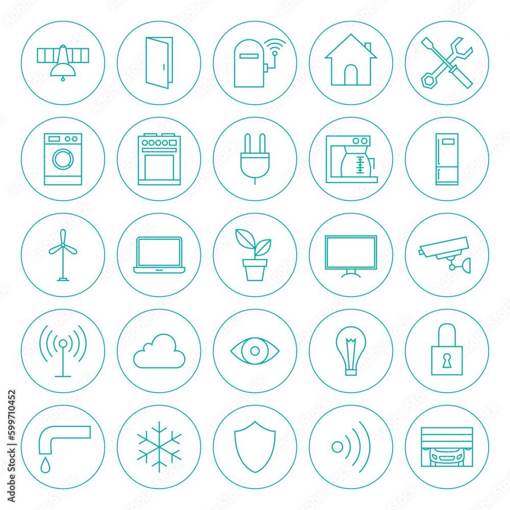 Poster line circle smart home technology icons set. vector set of modern house remote control thin line ico