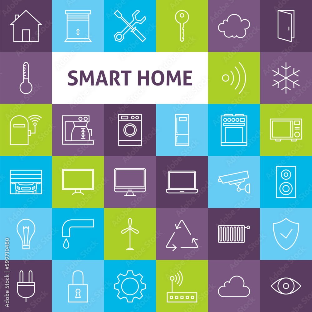 Poster line art smart home icons set. vector set of house technology modern line icons for web and mobile.