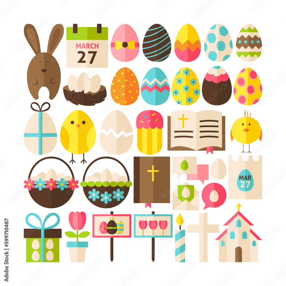 Poster collection of happy easter objects. flat design vector illustration. set of spring religious christi