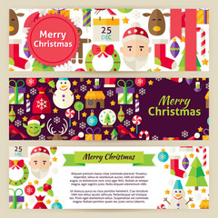 Fototapeta premium Merry Christmas Template Banners Set in Modern. Flat Design Vector Illustration of Brand Identity for Winter Holiday Promotion. Happy New Year Colorful Pattern for Advertising.