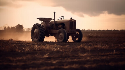 Fototapeta premium Tractor drives across large field making special beds for sowing seeds. Generative AI