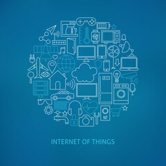 Fototapeta na wymiar Thin Line Internet of Things Icons Set Circle Concept. Vector Illustration of Smart Home Technology Modern Objects over Blue Blurred Background.