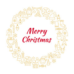 Merry Christmas Gold Line Art Icons Set Circle. Vector Illustration of Decoration and Celebration Objects. Winter Holiday Items.