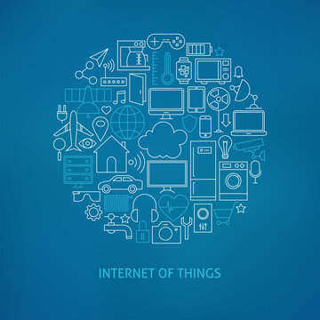 Thin Line Internet of Things Icons Set Circle Concept. Vector Illustration of Smart Home Technology Modern Objects over Blue Blurred Background.