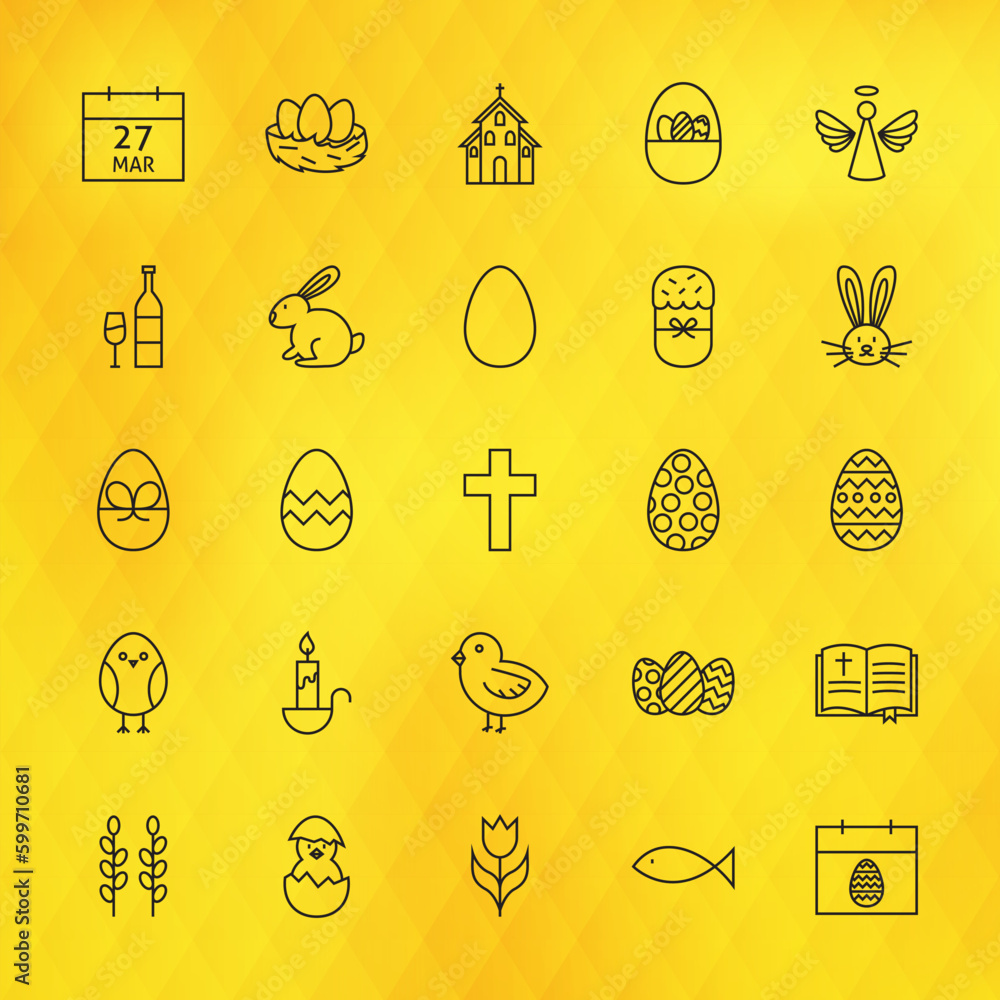 Poster happy easter line icons set. vector set of modern spring holiday thin line icons for web and mobile 