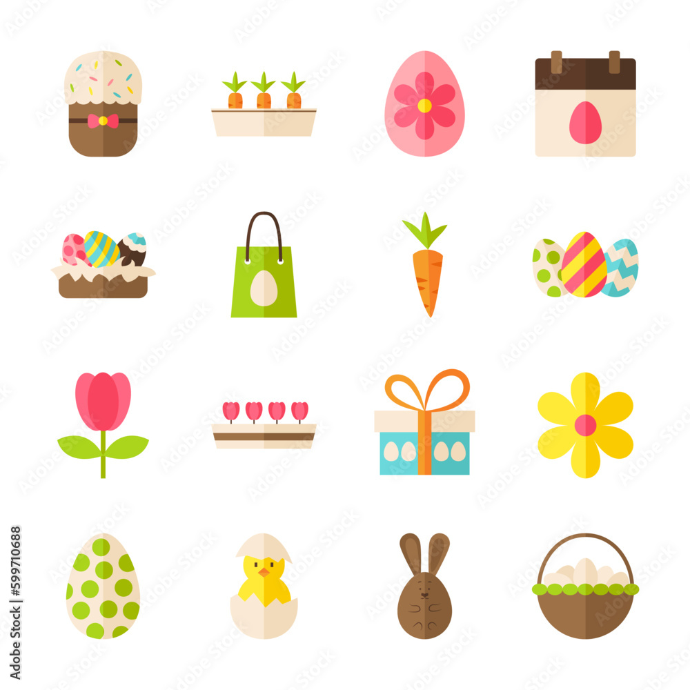 Poster happy easter spring objects set isolated over white. flat design vector illustration. collection of 