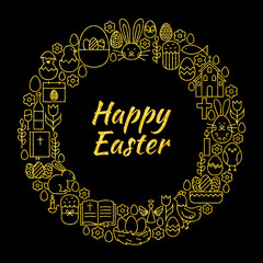 Happy Easter Gold Black Line Art Icons Circle. Vector Illustration of Decoration and Celebration Objects. Spring Religious Holiday Items.