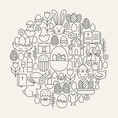 Happy Easter Line Icons Set Circle Shape. Vector Illustration of Spring Holiday Modern Objects.