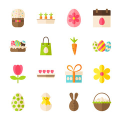 Happy Easter Spring Objects Set isolated over White. Flat Design Vector Illustration. Collection of Season Holiday Items.