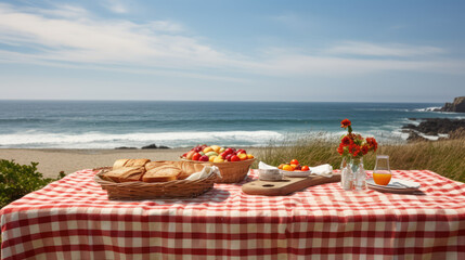 Fototapeta na wymiar Coastal Picnic Delight. Experience the serene beach scene with an empty picnic table overlooking the ocean, adorned with a red and white checkered tablecloth. Copy space. Summer concept AI Generative