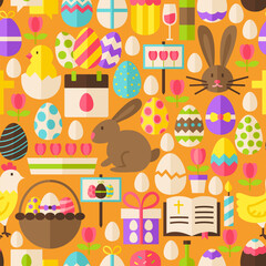 Happy Easter Orange Seamless Pattern. Flat Design Vector Illustration. Tile Background. Set of Spring Christian Religion Items.