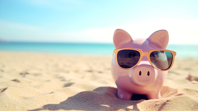 piggy bank and coins on beach