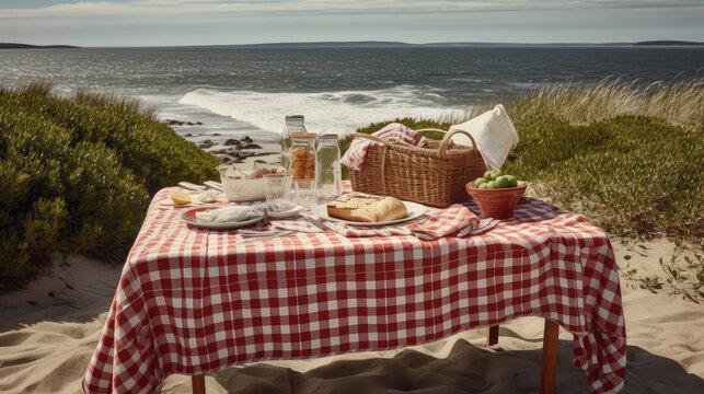 Coastal Picnic Delight. Experience the serene beach scene with an empty picnic table overlooking the ocean, adorned with a red and white checkered tablecloth. Copy space. Summer concept AI Generative