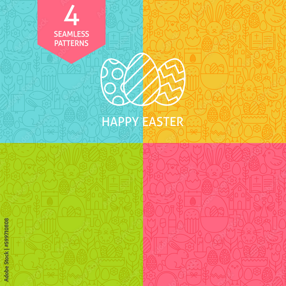 Aufkleber thin line art happy easter pattern set. four vector website design and seamless background in trendy