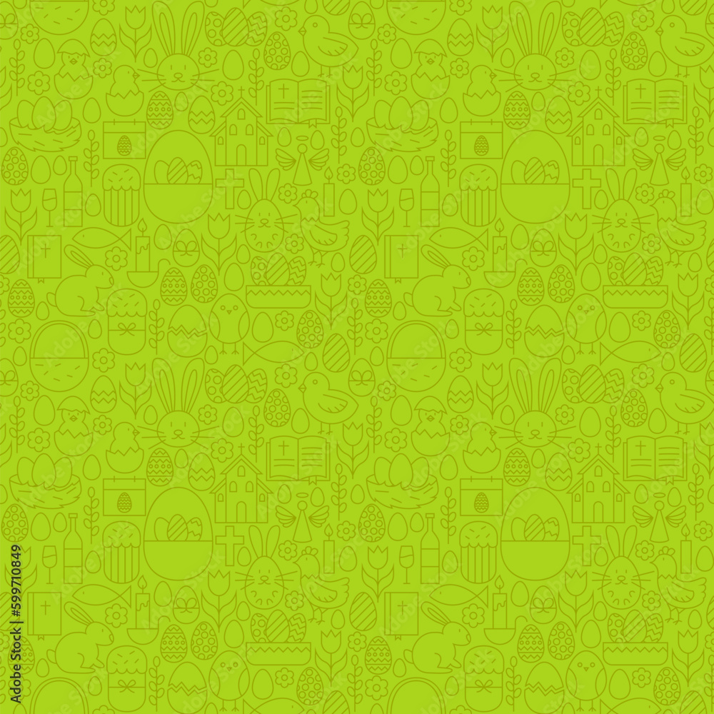 Poster thin line happy easter green seamless pattern. vector website design and seamless background in tren