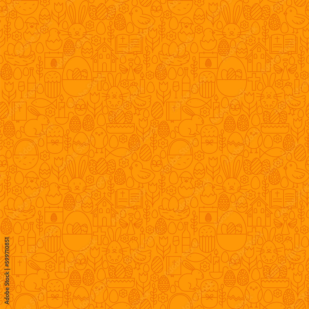 Poster thin line happy easter orange seamless pattern. vector website design and seamless background in tre