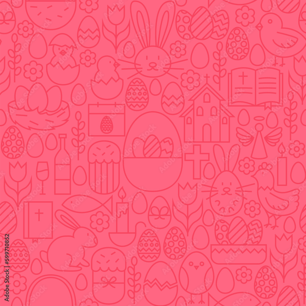Aufkleber thin line happy easter seamless pink pattern. vector website design and seamless background in trend