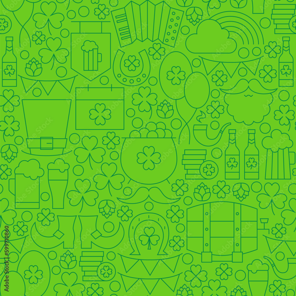 Poster thin line saint patrick day seamless green pattern. vector design and tile background in trendy mode